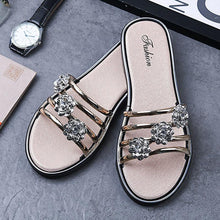 Load image into Gallery viewer, Women Fashion Silver High Quality Anti Skid Beach Sandals Lady Casual Golden Crystal Summer Home Sandals Women's T-Strap Thong Crystal Rhinestone Glitter Stretch Flat Sandal

