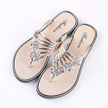 Load image into Gallery viewer, Women Fashion Silver High Quality Anti Skid Beach Sandals Lady Casual Golden Crystal Summer Home Sandals Women's T-Strap Thong Crystal Rhinestone Glitter Stretch Flat Sandal
