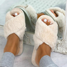 Load image into Gallery viewer, Women Fashion Warm Fluffy Slippers Cozy Faux Fur Cross Indoor Floor Slides Flat Soft Furry Flip Flops Cross Band Soft Plush Cozy House Shoes Furry Open Toe Indoor Outdoor Slip On Warm Breathable Anti-Skid Sole
