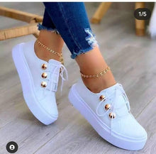 Load image into Gallery viewer, Women Gold Sneakers White Round Head Platform Causal  Sports Cute Pink Fashion Flats Exclusive Women's Cult Fashionable High Platform Calf White Sneaker Lace Up Stylish Casual Walking Sneakers
