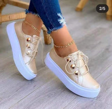 Load image into Gallery viewer, Women Gold Sneakers White Round Head Platform Causal  Sports Cute Pink Fashion Flats Exclusive Women's Cult Fashionable High Platform Calf White Sneaker Lace Up Stylish Casual Walking Sneakers
