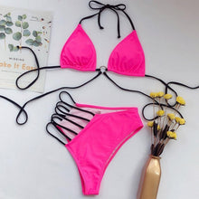 Load image into Gallery viewer, Women High Waist Bikini Swimsuit Swimwear Female Women Metal Ring Cross Bandage Bikini Set Swimsuit Two Piece Cutout Tie Back Bathing Suit Thong Bikini Set Bathing Suit Bather
