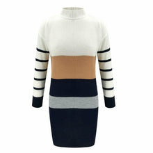 Load image into Gallery viewer, Women Knit Cowl Turtleneck Stripe Sweater Dress Long Sleeve Pullover Mini Dress
