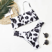 Load image into Gallery viewer, Women Lace Up Black Print Bikini Set Beach Swimsuit Women's Halter Self Bikini Set Padded Top Two Piece Swimsuit Summer Padded Bra Swim Panties  Bandage Vintage Bathing Suit
