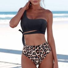 Load image into Gallery viewer, Women Leopard Print Swimsuit Women's Bikini One Shoulder Top High Waist Bottom Two Piece Swimsuits Women Push Up Bikini Set One Shoulder Beachwear Summer Leopard Bathing Suit High Waist Swimwear For Women
