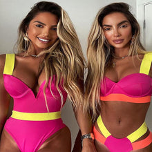 Load image into Gallery viewer, Women Push Up Bikini Women Neon Bandage Swimwear Women Patchwork Bikini Swimsuit 2 Piece  Cutout Molded Push Up Bathing Suit Ruffle Hook Closure Bikini Set Two Piece Bathing Suit
