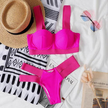 Load image into Gallery viewer, Women Push Up Bikini Women Neon Bandage Swimwear Women Patchwork Bikini Swimsuit 2 Piece  Cutout Molded Push Up Bathing Suit Ruffle Hook Closure Bikini Set Two Piece Bathing Suit
