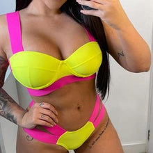 Load image into Gallery viewer, Women Push Up Bikini Women Neon Bandage Swimwear Women Patchwork Bikini Swimsuit 2 Piece  Cutout Molded Push Up Bathing Suit Ruffle Hook Closure Bikini Set Two Piece Bathing Suit
