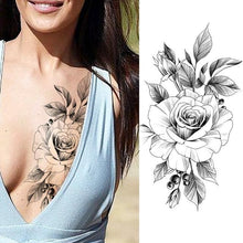 Load image into Gallery viewer, Women's Fashion Flower Temporary Tattoos Sticker Fake Rose Waterproof Large Realistic Black Colorful Flowers Tattoos
