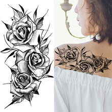 Load image into Gallery viewer, Women's Fashion Flower Temporary Tattoos Sticker Fake Rose Waterproof Large Realistic Black Colorful Flowers Tattoos
