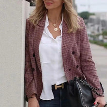 Load image into Gallery viewer, Women's Fashionable Office Wear Double Breasted Plaid Blazer Coat Vintage Long Sleeve Pockets Female Outerwear Chic Tops
