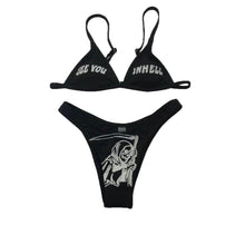 Load image into Gallery viewer, Women’s Funny Printed 2Pcs Bikini Suits Women's Scalloped Triangle Bikini Print Bottom Two Piece Swimsuit Deep V-neck Detachable Breast Pad Sling Tops with Triangle Bottoms Swimsuits
