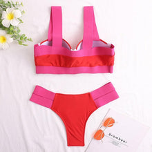 Load image into Gallery viewer, Women's Swimsuits Swimwear Patchwork Bikini Woman Push up Bikinis Swimsuit Bathing Suits Women Rave Neon Patchwork Bikini Swimsuit 2 Piece Cutout Molded Push Up Bathing Suit

