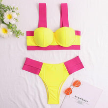 Load image into Gallery viewer, Women's Swimsuits Swimwear Patchwork Bikini Woman Push up Bikinis Swimsuit Bathing Suits Women Rave Neon Patchwork Bikini Swimsuit 2 Piece Cutout Molded Push Up Bathing Suit
