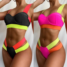 Load image into Gallery viewer, Women's Swimsuits Swimwear Patchwork Bikini Woman Push up Bikinis Swimsuit Bathing Suits Women Rave Neon Patchwork Bikini Swimsuit 2 Piece Cutout Molded Push Up Bathing Suit
