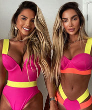 Load image into Gallery viewer, Women's Swimsuits Swimwear Patchwork Bikini Woman Push up Bikinis Swimsuit Bathing Suits Women Rave Neon Patchwork Bikini Swimsuit 2 Piece Cutout Molded Push Up Bathing Suit
