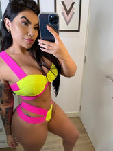 Load image into Gallery viewer, Women's Swimsuits Swimwear Patchwork Bikini Woman Push up Bikinis Swimsuit Bathing Suits Women Rave Neon Patchwork Bikini Swimsuit 2 Piece Cutout Molded Push Up Bathing Suit
