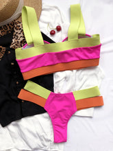Load image into Gallery viewer, Women's Swimsuits Swimwear Patchwork Bikini Woman Push up Bikinis Swimsuit Bathing Suits Women Rave Neon Patchwork Bikini Swimsuit 2 Piece Cutout Molded Push Up Bathing Suit
