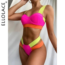 Load image into Gallery viewer, Women's Swimsuits Swimwear Patchwork Bikini Woman Push up Bikinis Swimsuit Bathing Suits Women Rave Neon Patchwork Bikini Swimsuit 2 Piece Cutout Molded Push Up Bathing Suit
