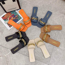 Load image into Gallery viewer, Women Sandals Design Gold Chain Closed Toe Slip On Mules Shoes Flat Heels Square Head Casual Slides Summer Slippers Open Toe Flat Sandals Metal Chain PU Leather Slides Shoes
