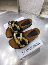 Load image into Gallery viewer, Women Slippers Metal Chain Leather Flat Slippers Women Fashion Casual Shoes Runway Half Women Flat Slide Sandals Slip On Open Toe Sandals Casual Style Slippers

