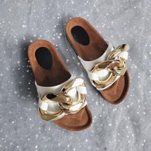 Load image into Gallery viewer, Women Slippers Metal Chain Leather Flat Slippers Women Fashion Casual Shoes Runway Half Women Flat Slide Sandals Slip On Open Toe Sandals Casual Style Slippers
