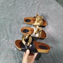 Load image into Gallery viewer, Women Slippers Metal Chain Leather Flat Slippers Women Fashion Casual Shoes Runway Half Women Flat Slide Sandals Slip On Open Toe Sandals Casual Style Slippers
