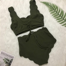 Load image into Gallery viewer, Women Solid Swimwear Female Bathing Suit Scalloped High Waist Bikini Set Two Pieces Women's Solid Color Lace-up High Waist Scoop Collar Padded Bathing Suit
