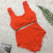 Load image into Gallery viewer, Women Solid Swimwear Female Bathing Suit Scalloped High Waist Bikini Set Two Pieces Women's Solid Color Lace-up High Waist Scoop Collar Padded Bathing Suit
