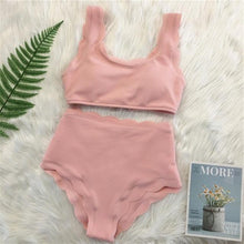 Load image into Gallery viewer, Women Solid Swimwear Female Bathing Suit Scalloped High Waist Bikini Set Two Pieces Women's Solid Color Lace-up High Waist Scoop Collar Padded Bathing Suit
