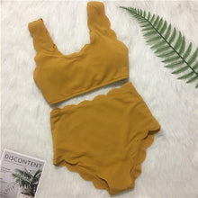 Load image into Gallery viewer, Women Solid Swimwear Female Bathing Suit Scalloped High Waist Bikini Set Two Pieces Women's Solid Color Lace-up High Waist Scoop Collar Padded Bathing Suit
