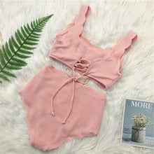 Load image into Gallery viewer, Women Solid Swimwear Female Bathing Suit Scalloped High Waist Bikini Set Two Pieces Women's Solid Color Lace-up High Waist Scoop Collar Padded Bathing Suit
