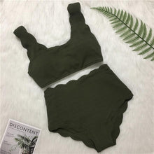 Load image into Gallery viewer, Women Solid Swimwear Female Bathing Suit Scalloped High Waist Bikini Set Two Pieces Women's Solid Color Lace-up High Waist Scoop Collar Padded Bathing Suit
