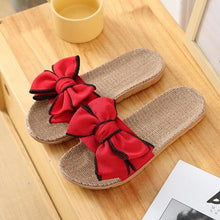 Load image into Gallery viewer, Women Summer Casual Slides Comfortable Flax Slippers Striped Bow Linen Flip Flops Platform Sandals Summer Indoor Slippers Linen Women's Slippers Flower Slippers
