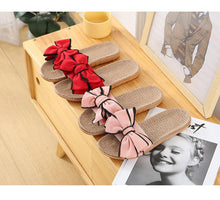 Load image into Gallery viewer, Women Summer Casual Slides Comfortable Flax Slippers Striped Bow Linen Flip Flops Platform Sandals Summer Indoor Slippers Linen Women's Slippers Flower Slippers

