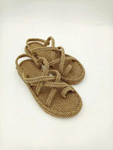 Load image into Gallery viewer, Women Summer Straw Rope Mesh Sandals Cross Tied Flat Sea Beach Casual Light Multi Elegant Design Flip Flop Trend Fashion High Quality Handmade Natural Comfortable Walking Sandals With Arch Support For Women

