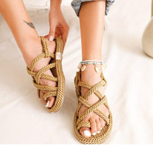 Load image into Gallery viewer, Women Summer Straw Rope Mesh Sandals Cross Tied Flat Sea Beach Casual Light Multi Elegant Design Flip Flop Trend Fashion High Quality Handmade Natural Comfortable Walking Sandals With Arch Support For Women
