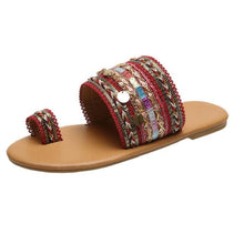 Load image into Gallery viewer, Women Summer Style Beautiful Flat Slippers Casual Comfortable Beach Women Sandals Strappy Flat Open Toe Ring Sandals Wide Comfortable Leather Shiny Sandals
