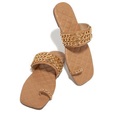 Load image into Gallery viewer, Women Summer Weave Slides Chain Decorative Flip Flops Outdoor Casual Sandals Square Heel Slippers Metal Chain Elastic Slingback Cute Flat Dressy Casual Summer Beach Sandals
