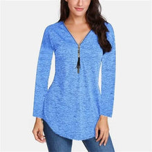 Load image into Gallery viewer, Women V-neck Zipper Long Sleeve Solid Color Top Plus Size Blouse Top
