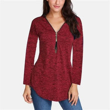 Load image into Gallery viewer, Women V-neck Zipper Long Sleeve Solid Color Top Plus Size Blouse Top
