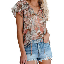 Load image into Gallery viewer, Women's Casual Boho Floral Printed V Neck Tops Drawstring Blouse
