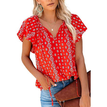 Load image into Gallery viewer, Women's Casual Boho Floral Printed V Neck Tops Drawstring Blouse
