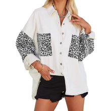 Load image into Gallery viewer, Womens Contrast Leopard Denim Jacket Long Sleeve Button Down Shirts
