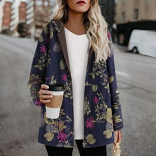 Load image into Gallery viewer, Women's Fashion Leaves Floral Print Fluffy Fur Hooded Long Sleeve Vintage Casual Coat
