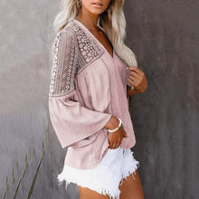 Load image into Gallery viewer, Women's Lace Crochet V Neck 3/4 Sleeve Button Down Blouses Casual Shirts Tops
