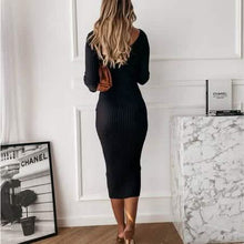 Load image into Gallery viewer, Women's Long Sleeve Dress V-neck Casual Dresses Soid Color Stripe Bodycon Dress Plus Size Long Dress
