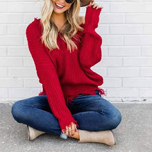 Load image into Gallery viewer, Women's Loose Knitted Sweater Long Sleeve V-Neck Ripped Pullover Sweaters Crop Top Knit Jumper
