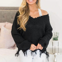 Load image into Gallery viewer, Women's Loose Knitted Sweater Long Sleeve V-Neck Ripped Pullover Sweaters Crop Top Knit Jumper
