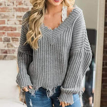 Load image into Gallery viewer, Women's Loose Knitted Sweater Long Sleeve V-Neck Ripped Pullover Sweaters Crop Top Knit Jumper
